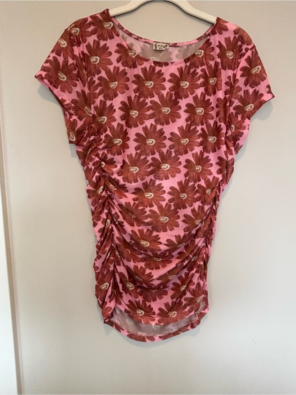Free People Pink Floral Ruched Short-Sleeve Tunic